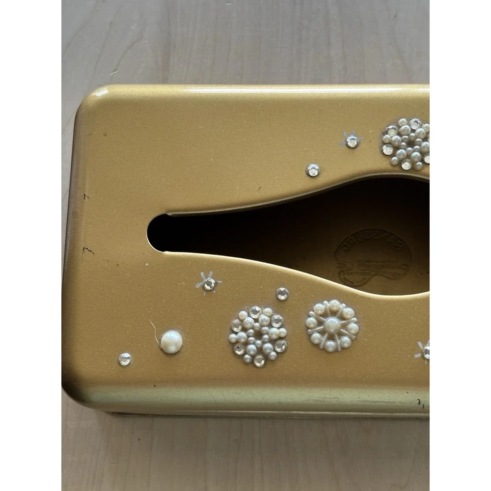 Vtg Ransburg Gold Metal Tissue Holder Rhinestone Faux Pearl Hollywood Regency